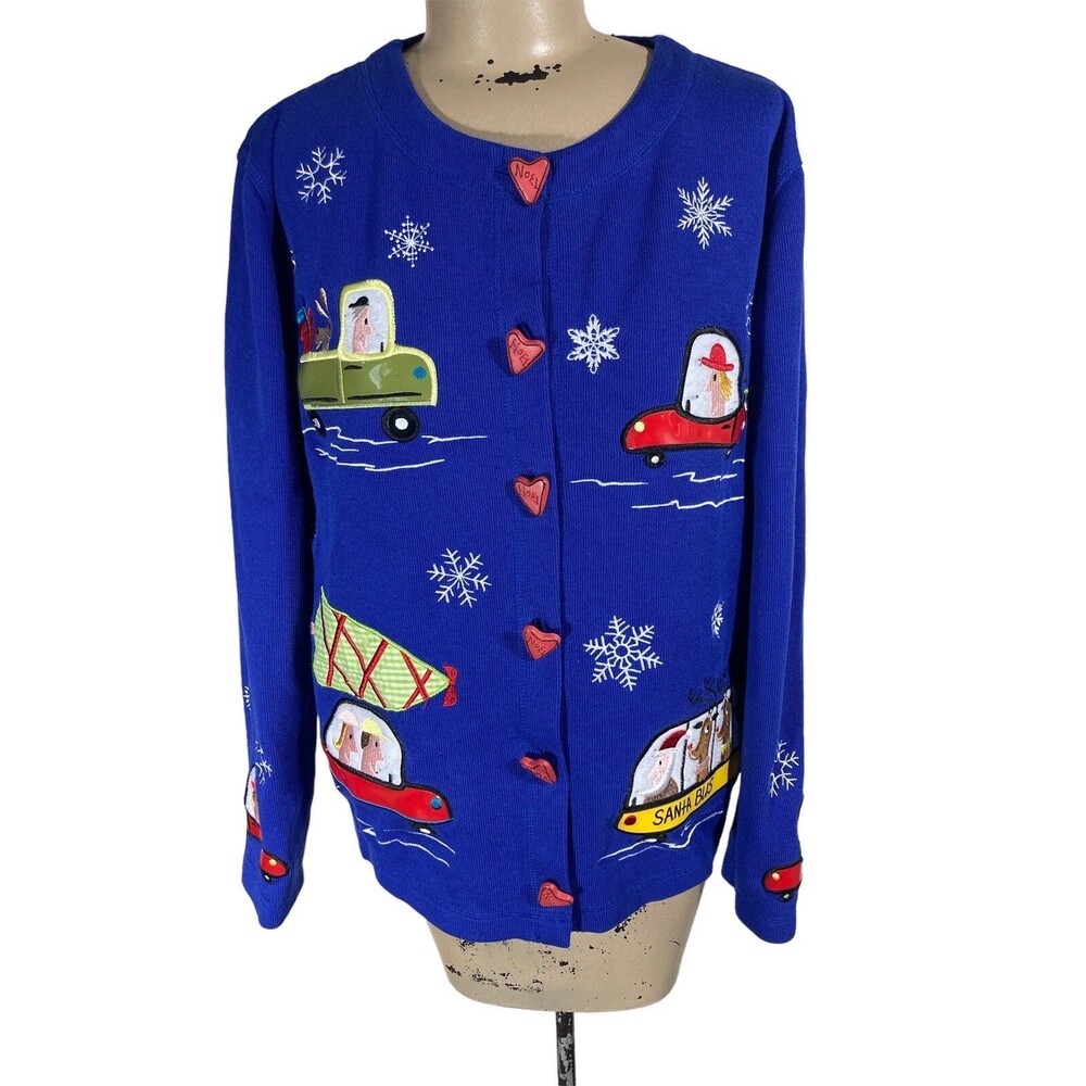 Christmas Cardigan Sweater Santa School Bus Traffic Cars Womens Sz S Blue